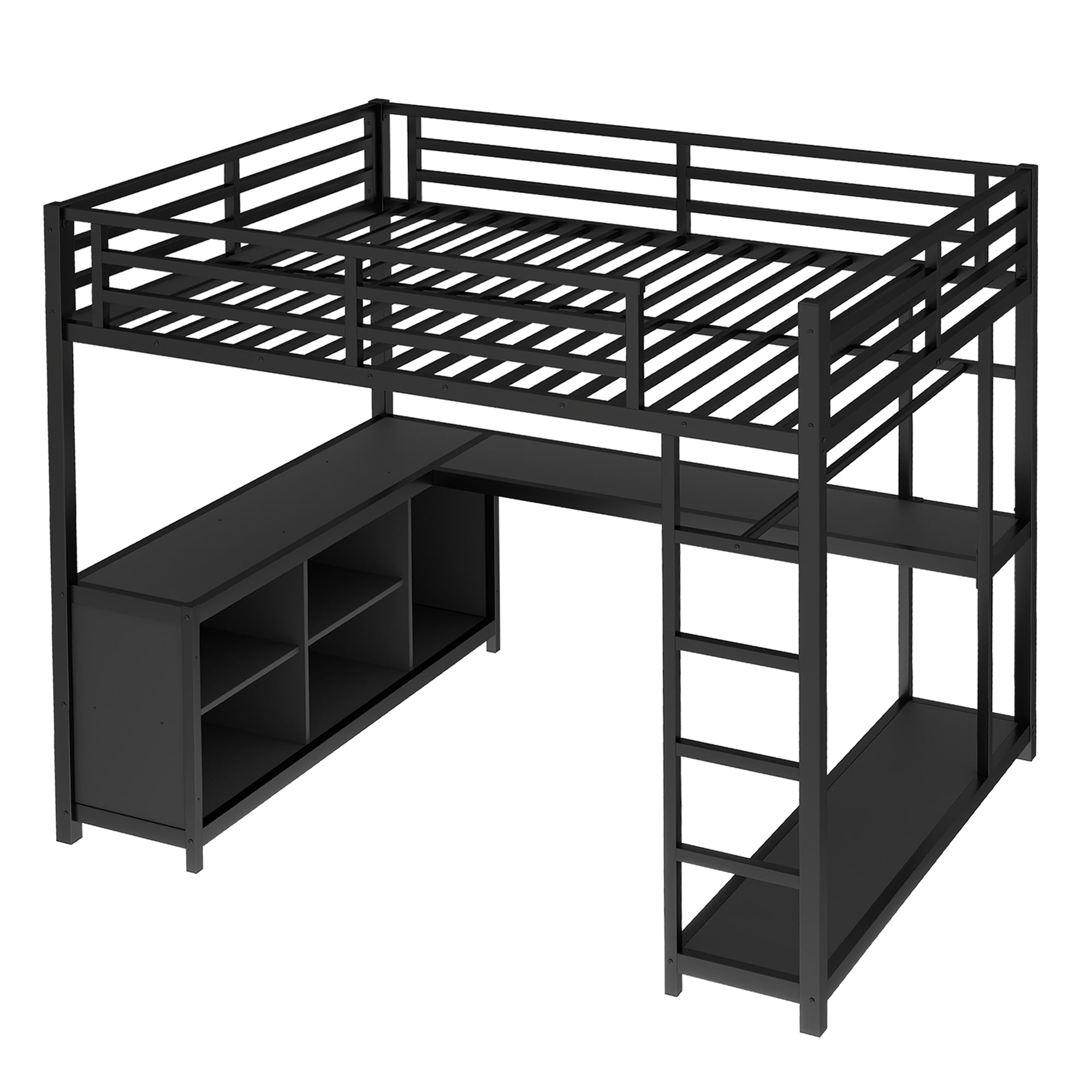 Aukfa Queen Metal Loft Bed with L-Shaped Desk, Clothes Rail, Storage Shelves & Cubes, Heavy-Duty Bed Frame for Kids, Teens & Adults, Black