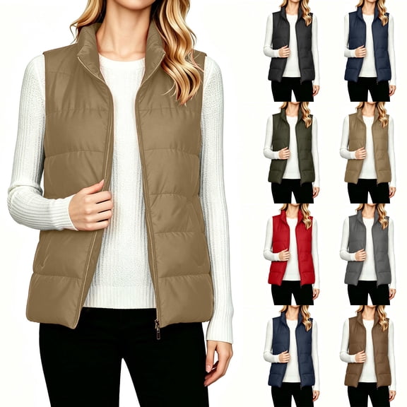 Women's Stand Collar Zip Up Puffer Vest Sleeveless Quilted Padded Gilet with Pockets Casual Warm Layering Outerwear for Fall Winter Navy