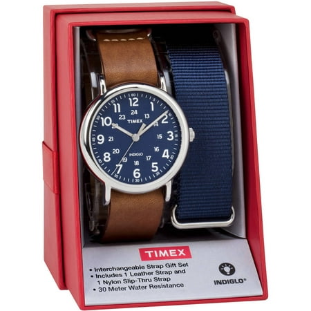Timex Men's Weekender 40 Watch Gift Set, Brown Leather & Blue Nylon Slip-Thru Straps