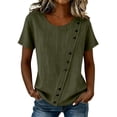 thumbnail image 2 of Sokhug Women's Linen Cotton Casual Round Neck Short Sleeve Blouse Asymmetrical Button Down Shirt Loose Fit Top for Women, 2 of 7