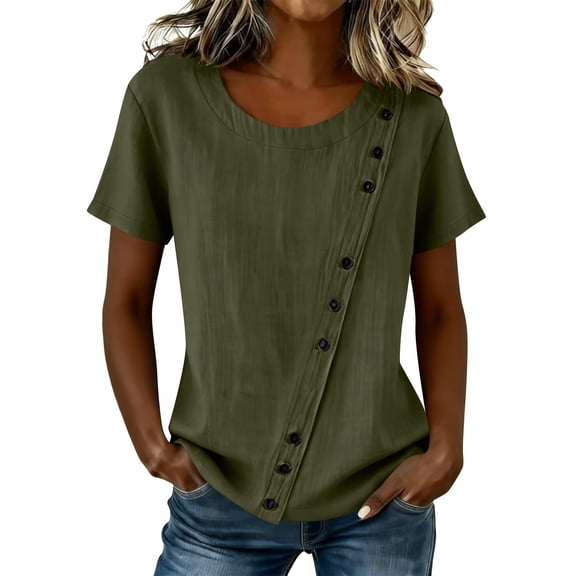 Edvintorg Women's Tops, Tees & Blouses Cotton And Linen Short Sleeve Crew Neck Loose Fit Casual Shirts Summer Clothes for Women Army Green S