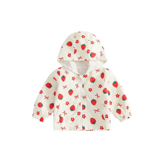 RUINIXCW Toddler Baby Girl Fall Jacket with Pockets Casual Strawberry Bow Floral Print Zip Up Hooded Long Sleeve Coat