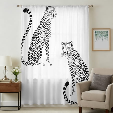 Black Leopard Prints Sheer Curtains 72 Inches Long Modern Simple Wildlife Spots Texture Light Filering Curtains Breathable Simi Curtain Privacy Drapes for Living Room Bedroom Window Treatment