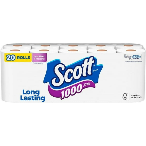 Scott 1000 Toilet Paper, 20 Regular Rolls, Septic-Safe, 1-Ply Toilet Tissue