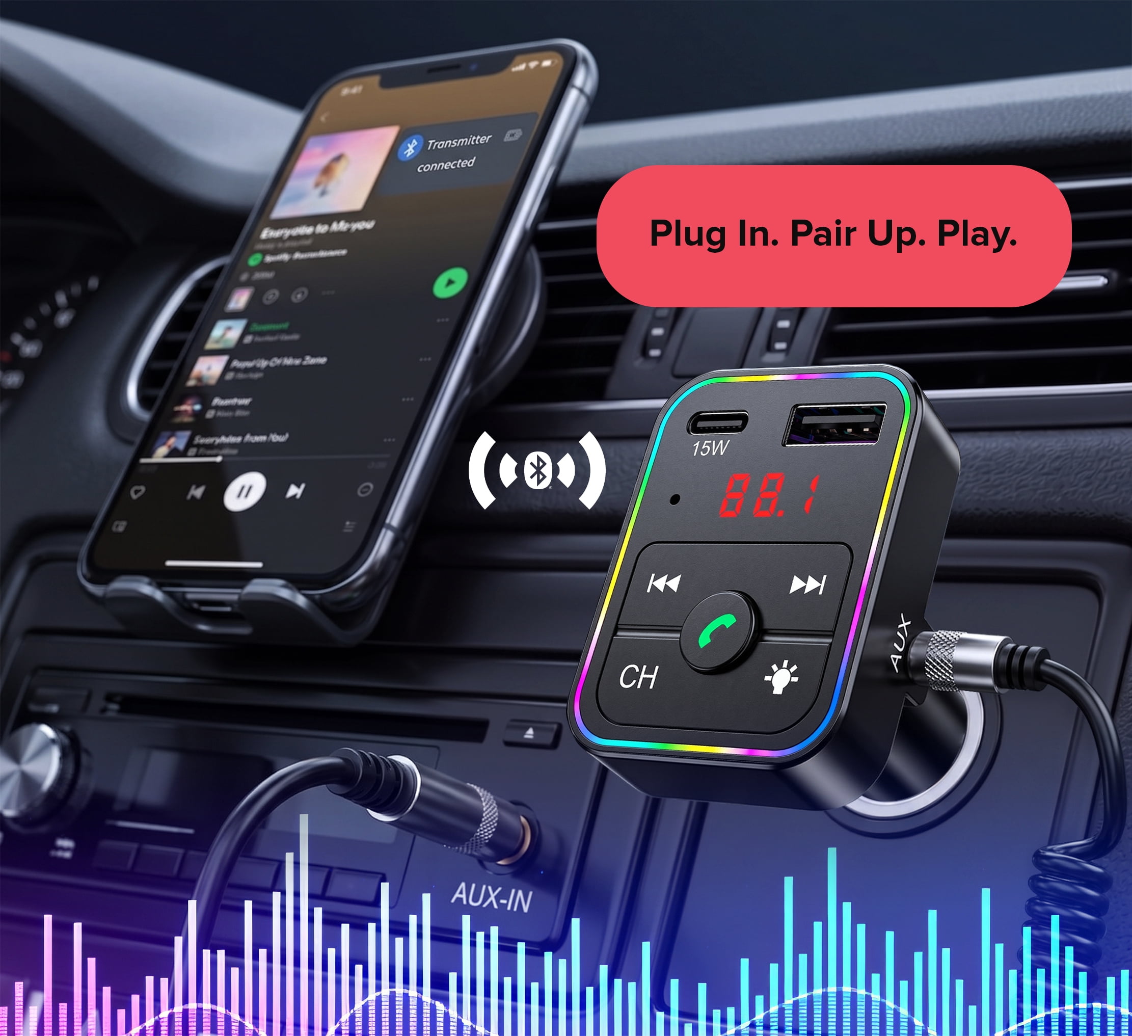 onn. Bluetooth FM Transmitter and Car Charger with USB-C 15W and USB-A 12W Charging, Hands-Free Calling, AUX Port, LED Display and Multicolor Light