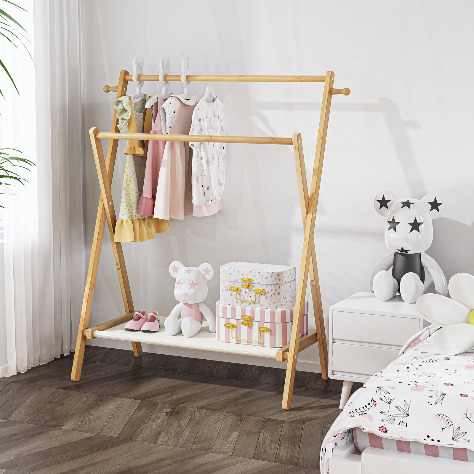 BAMBOOHOMIE Kids Clothes Rack, Bamboo Small Clothing Rack with Storage Shelf & 2 Rods, Foldable Child Garment Rack for Hanging Clothes, Regular Size