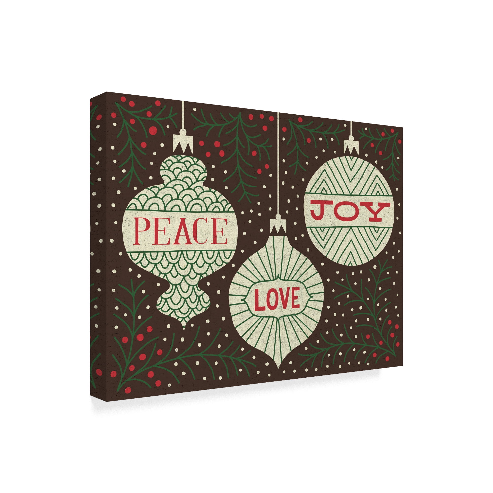 Trademark Fine Art 'Jolly Holiday Ornaments Peace Love Joy' Canvas Art by Michael Mullan