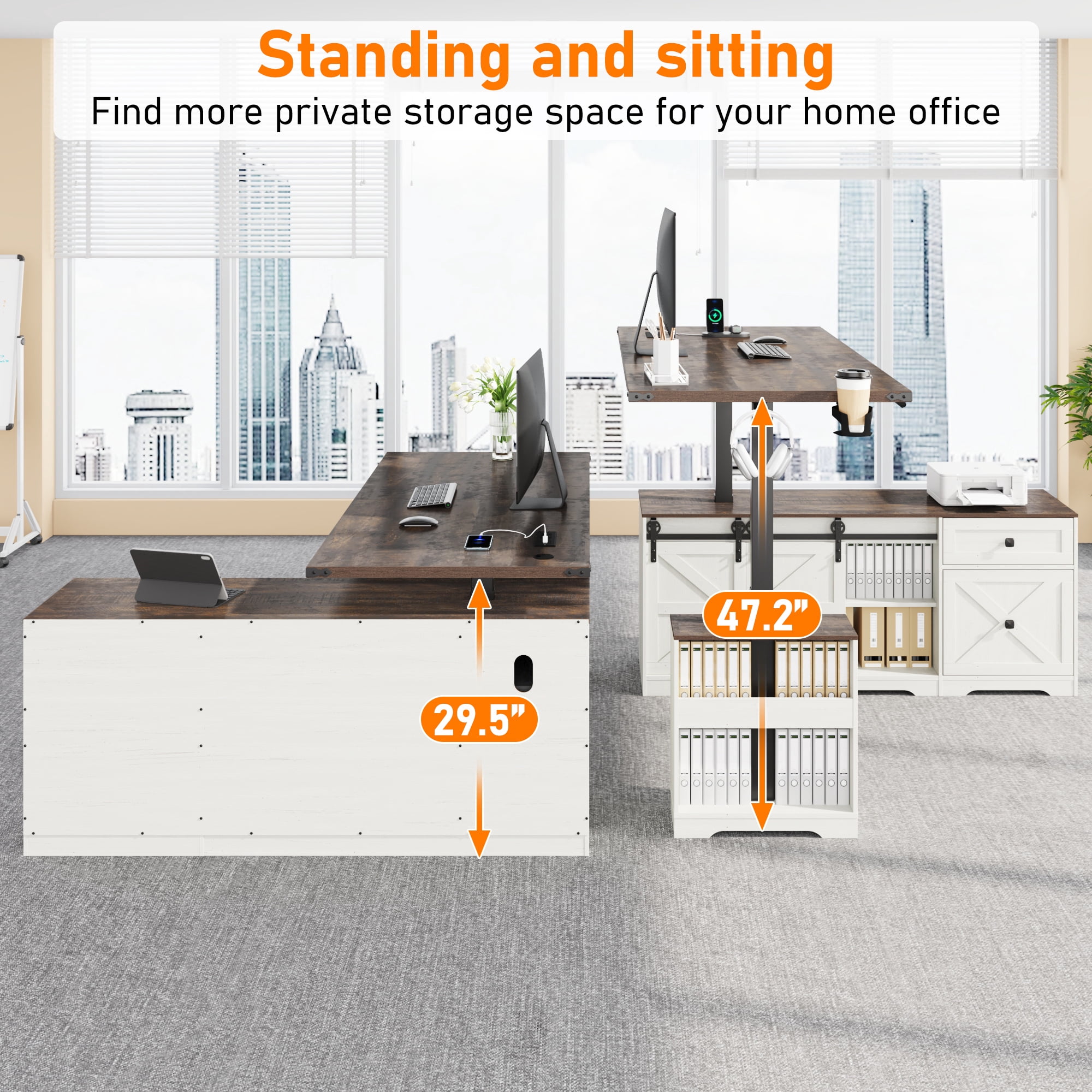 ANPOO 63" Farmhouse L Shaped Electric Standing Desk, Height Adjustable Corner Desk with Power Outlets, Storage Drawers and Adjustable Shelves, Standing Elegant Computer Desks for Home Office, White