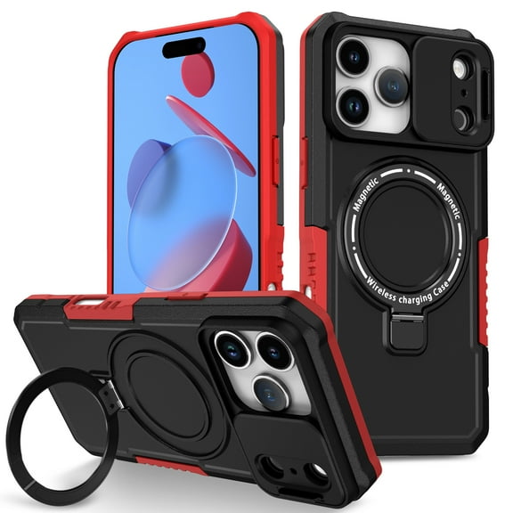 Phone Case for iPhone 17 Pro Max with Sliding Camera Cover, Hand Grip Anti Slip Design Kickstand Ring Holder Hybrid Magnetic Wireless Charging Phone Cover for Apple iPhone 17 Pro Max - Black Red