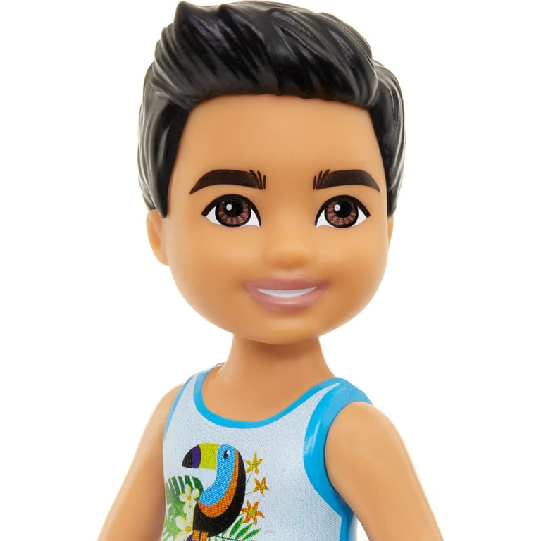 Barbie Chelsea Small Doll with Beach Swimsuit Toucan Tropical Leaf Print Black Hair Brown Eyes