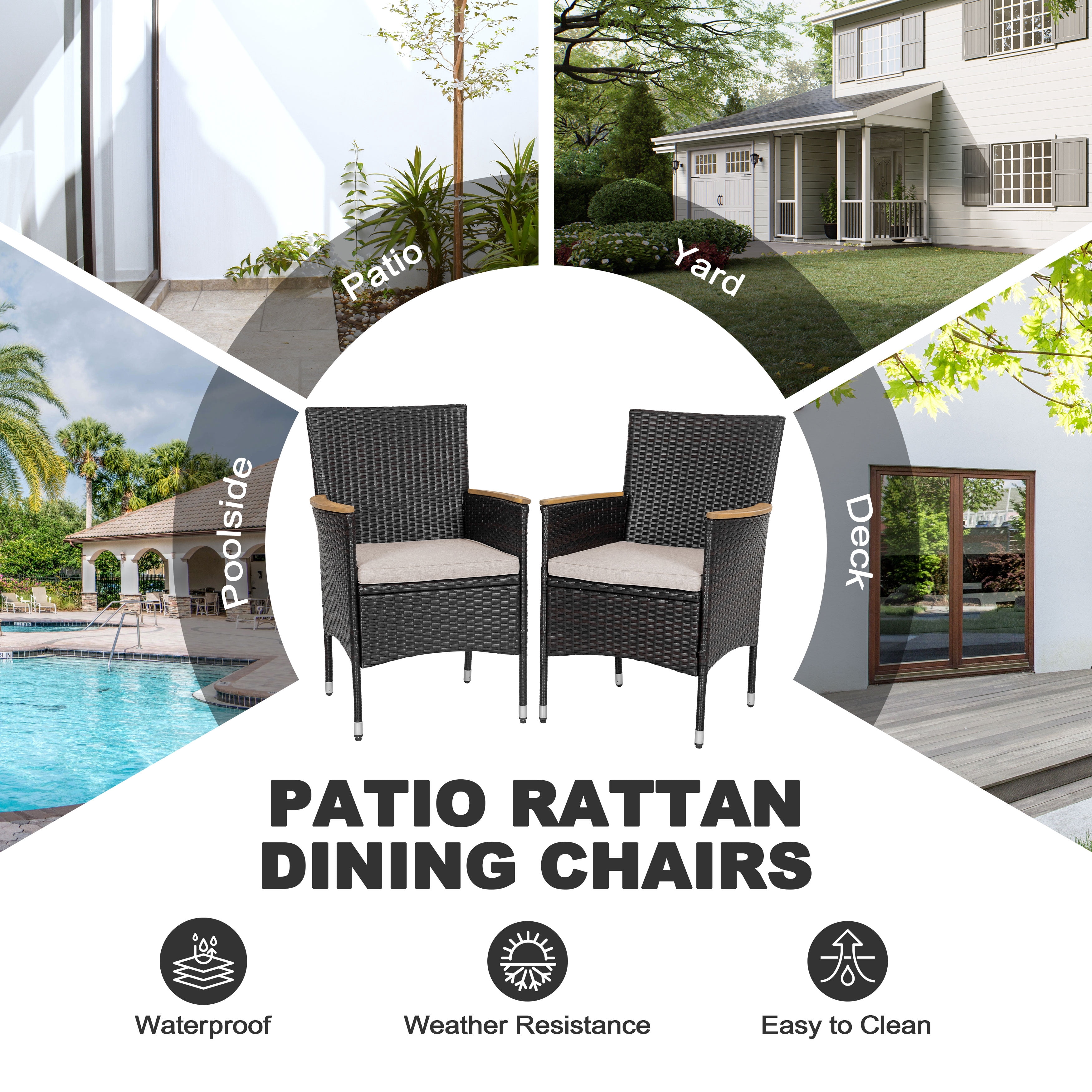 Nuu Garden Patio Chairs Set of 2, Outdoor Dining Chairs with Handwoven Wicker and Acacia Wood Armrests, All Weather Dining Chairs with Cushions for Outside, Black and Beige