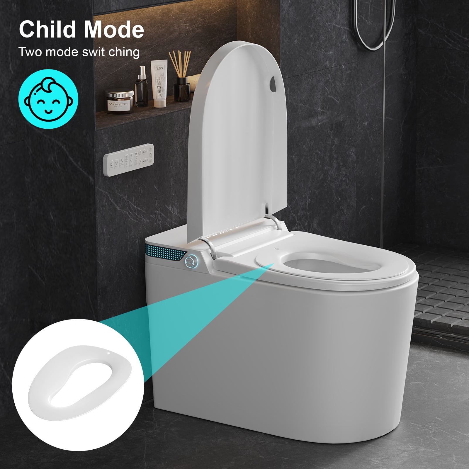 Smart Toilet with Heated Seat & Automatic Soft-Close Lid - Modern White/Black Bathroom Toilet with Night Light, Adjustable Temperature, Foam Seal System, Touchless Operation, Floor-Mounted Design, US