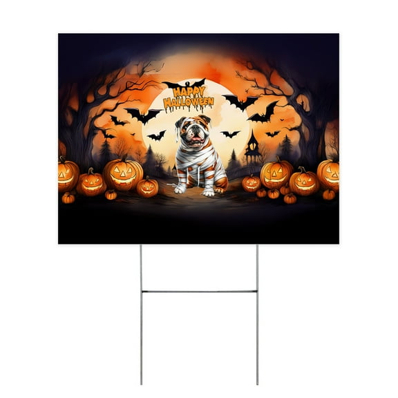 Mummy Bulldog Happy Halloween with Pumpkins Bats Spooky Fun Yard Sign Dog Lover Gifts Idea Outdoor Home Lawn Garden Porch Decor - 00019
