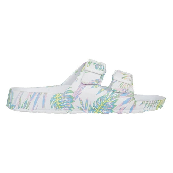 Chatties Double Buckle Strap Footbed Slide Sandals, White Tropical (Women's)