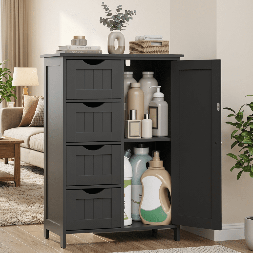 Ledrem Black Freestanding Storage Unit, 1-Door Cupboard with Adjustable Shelves