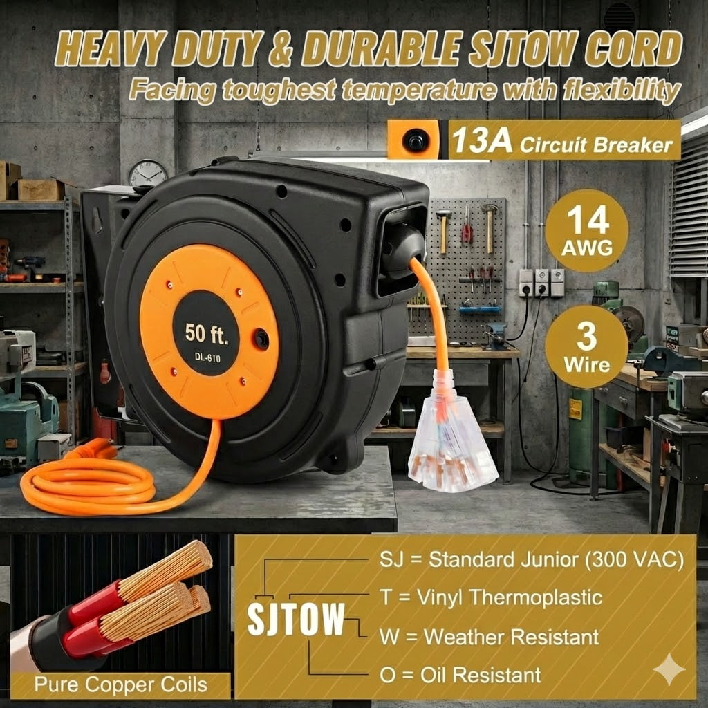 50ft Heavy Duty Retractable Power Cord Reel With 180 Degree Swivel Bracket,14AWG Durable Extension Cord Reel With Lighted Outlet For Mounting Ceiling or Wall Mount