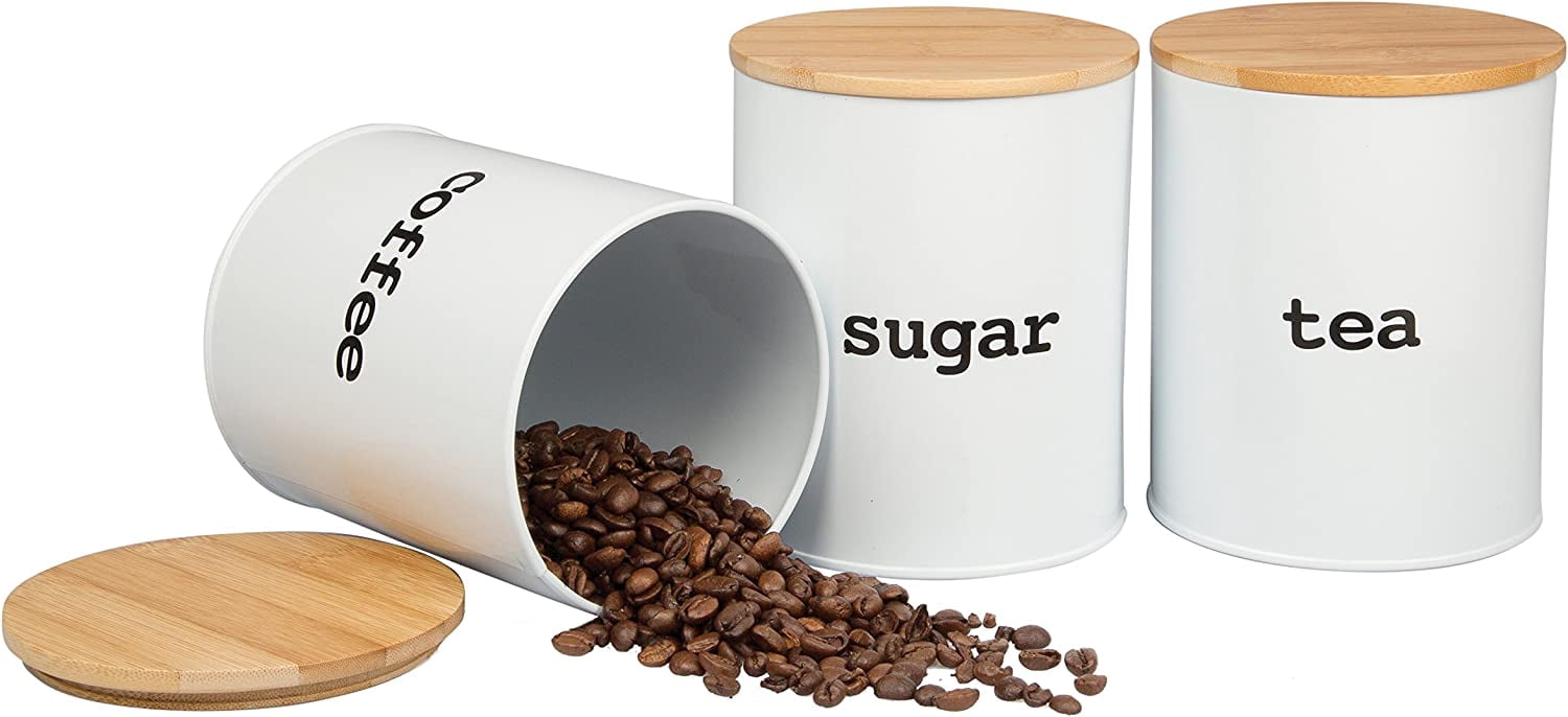 Kitchen Canister Set with Airtight Bamboo Lids- 3 Food Storage Containers for Coffee, Tee and Sugar