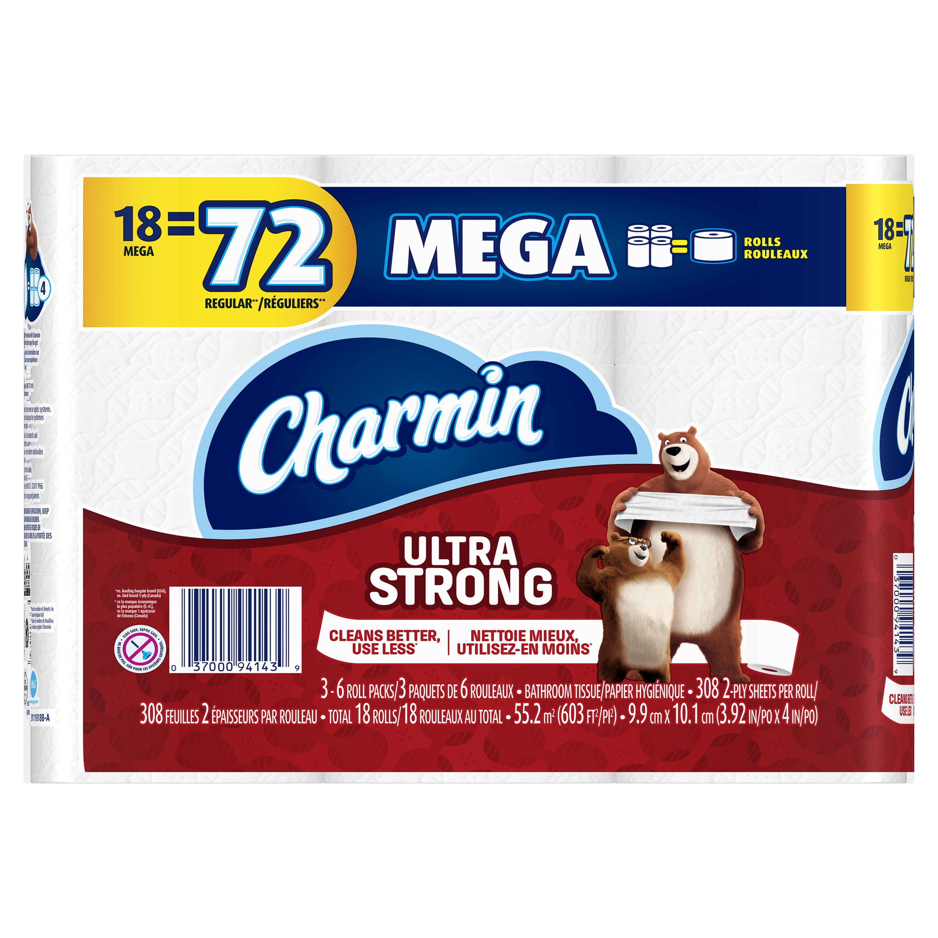 Charmin Ultra Strong Toilet Paper 18 Mega Roll = 72 Regular Rolls. 