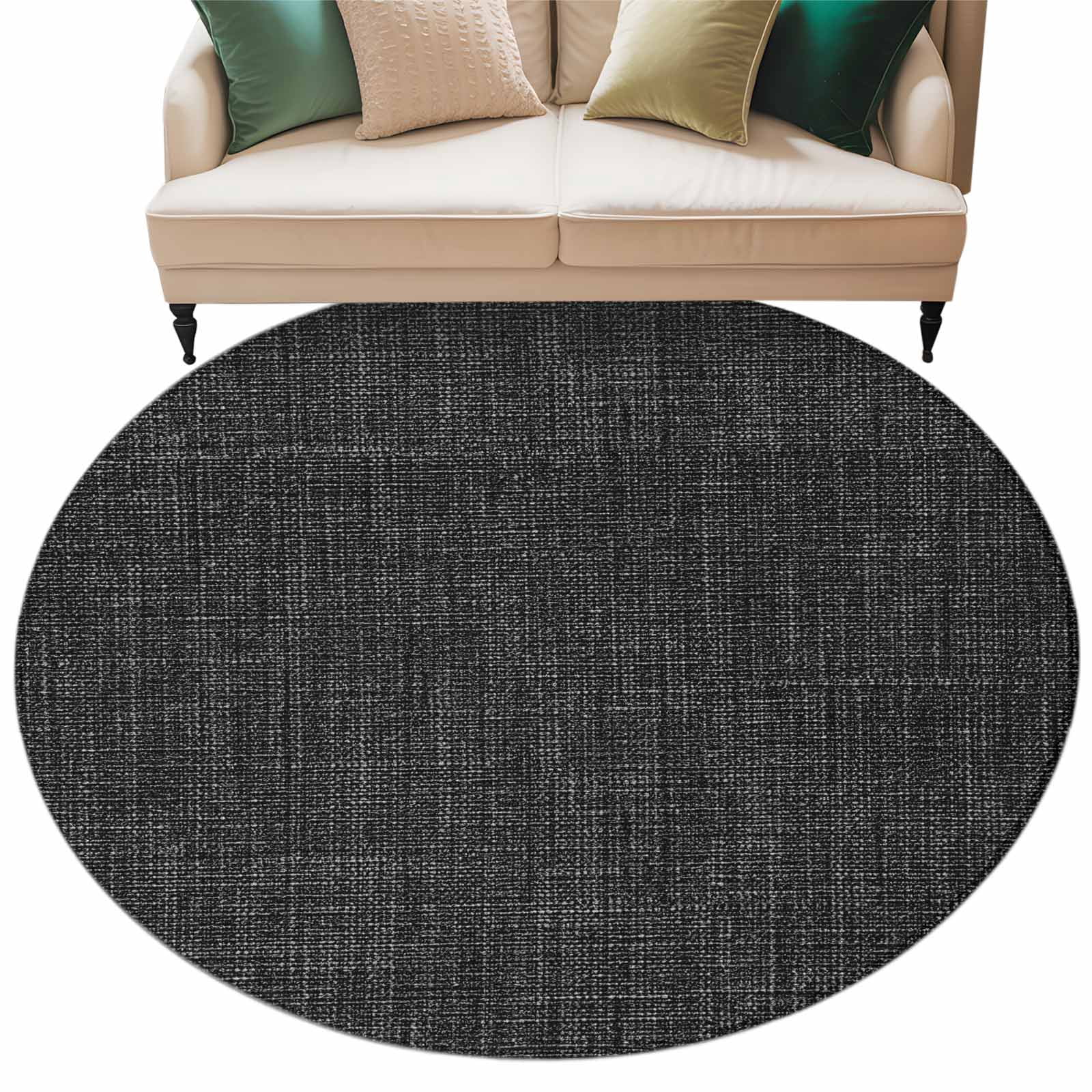 Black Burlap Texture Round Area Rug 6 FT, Non Slip Bedroom Area Rug, Farmhouse Vintage Black Washable Soft Circular Carpet Non-Shedding Floor Mat for Kitchen Dining Room Home Office Kids Room