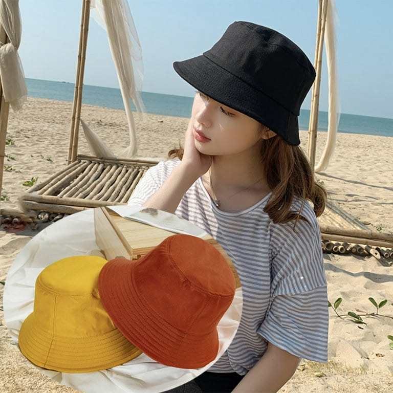 HGYCPP Korean Adult Kids Summer Foldable Bucket Hat Solid Color Hip Hop  Wide Brim Beach UV Protection Round Top Sunscreen Fisherman Cap 