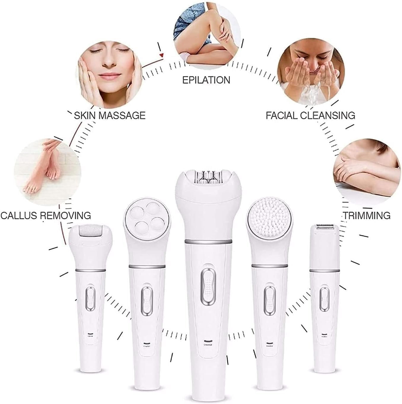 RKXQT Electrical Shaver for Women, 5 in 1 Multi-Function Electric Razor Hair Removal Epilator Cordless Rechargeable Waterproof Trimmer with Facial Cleansing Brush and Massager Kit for Legs