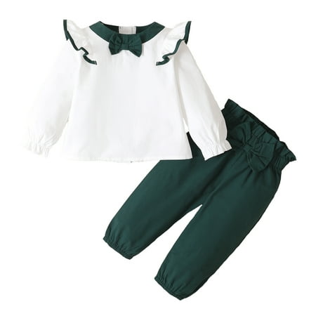 

KIMI BEAR Toddler Girls Outfits 2T Toddler Girls Autumn Winter Outfits 3T Toddler Girls Casual Ruffle Trim Long Sleeve T-shirt + Pants 2PCs Set White