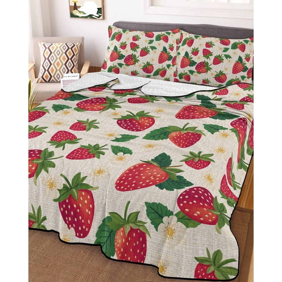 Strawberry Rustic Twin XL Size Down Alternative Comforter, Lightweight Comforter Quilt Bedding Set with Pillow Shams Beige Spring Summer Floral Fruit All Seasons Bed Comforter Duvet Insert 68"x98"