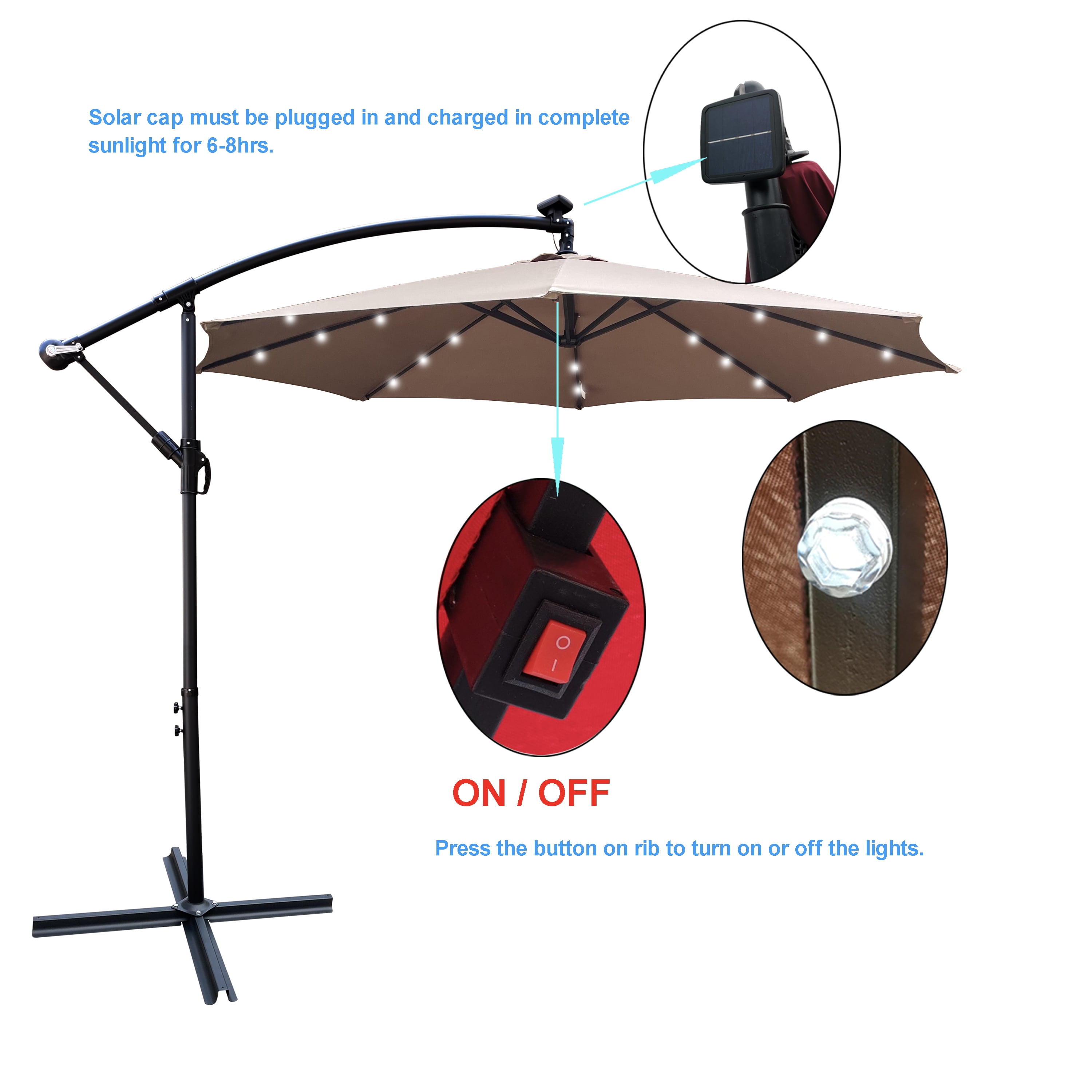 Royard Oaktree 10FT Patio Offset Umbrella w/Solar LED Lights Outdoor Cantilever Hanging Umbrella w/Crank & Cross Base UV Protection Sun Shade for Market Garden Lawn Deck Backyard Pool,Mushroom
