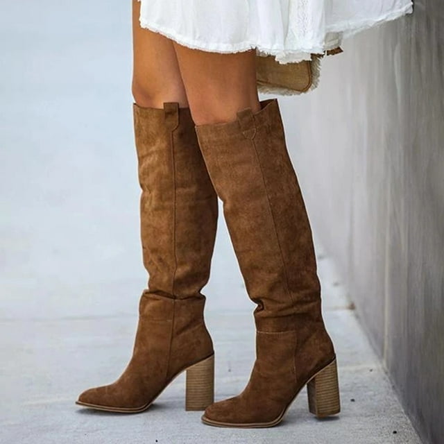 EGNMCR Bottes à Talons Hauts pour Femmes, Mode, Talon Épais, Longueur Genou, Bout Rond