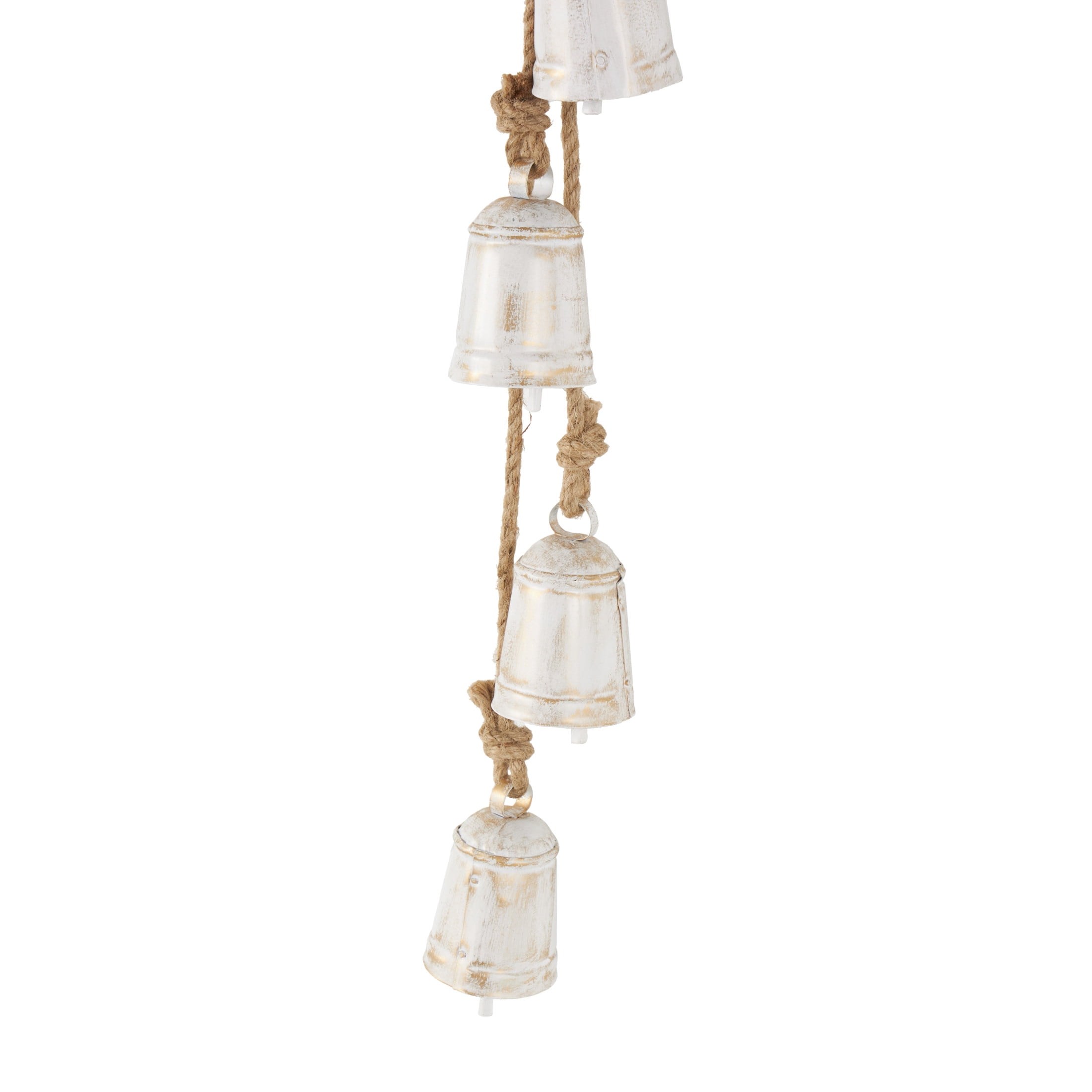 DecMode Tibetan Inspired Cascading White Metal Cylindrical Decorative Bells with 4 Bells on Jute Hanging Rope