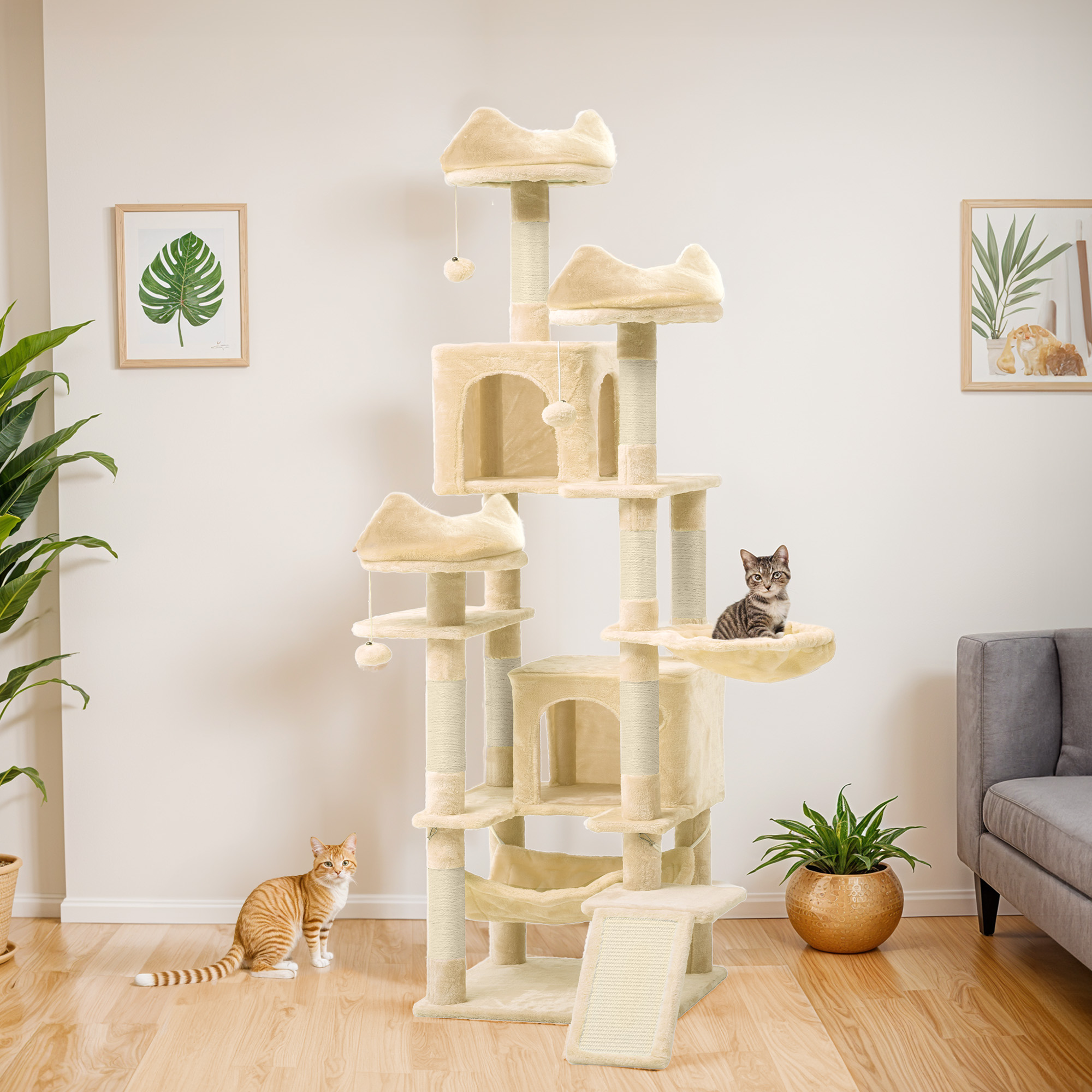 Uforic 75in Large Cat Tree, Multi-Level Cat Tower Condos with Scratch Posts, Cozy Basket Hammocks, Top Perches, Sisal Ramp, Pet Play House, Beige