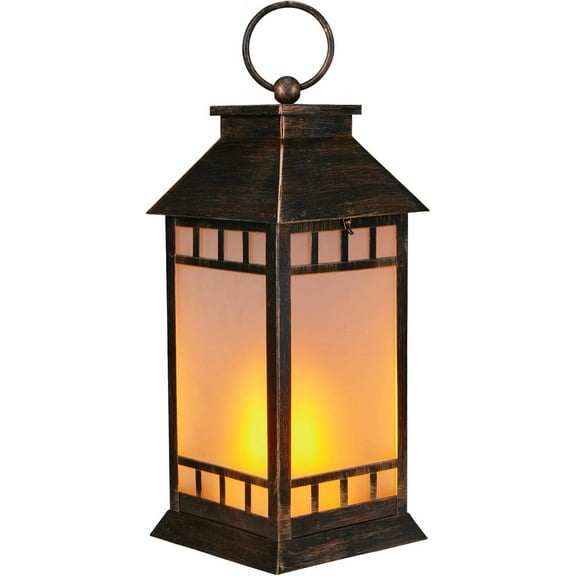 18'' Glass Solar Lantern Outdoor Waterproof, Large Hanging Solar Lanterns with Flickering Flame Lights, Metal Outdoor Lantern Decorative for Patio Garden Backyard Tabletop, Vintage Bronze
