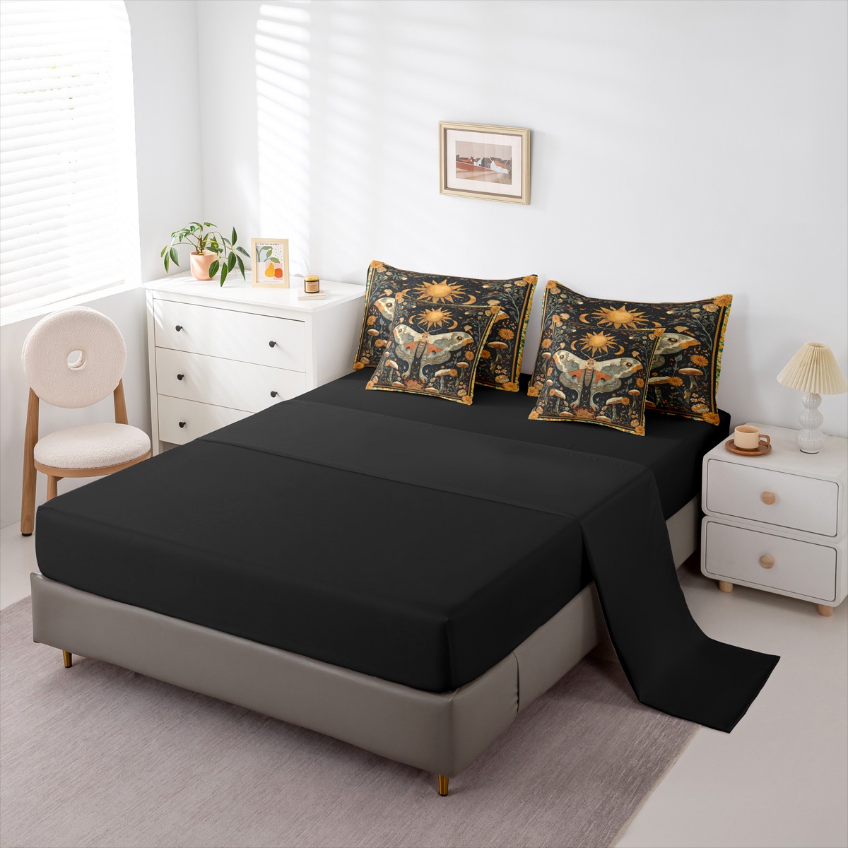 jejeloiu Retro Boho Moth Bedding Comforter Set 7pcs,Gothic Theme Queen Bedding Sets,Rustic Mushroom Queen Sheet Sets For Teens,Super Cozy Room Decor Reversible