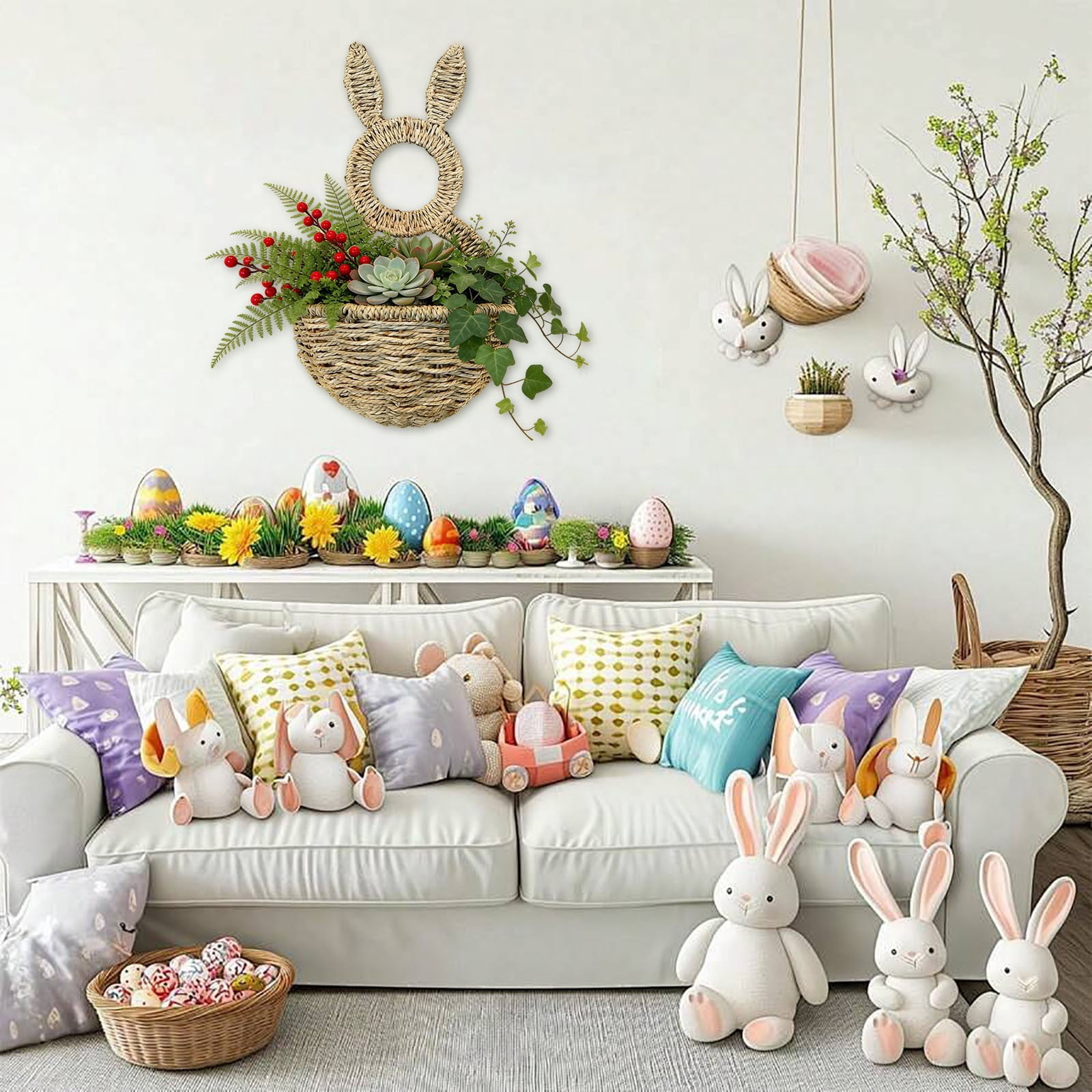 Easter Bunny Wall Basket Holder, Wooden Hanging Bags for Spring Decor, Farmhouse Style Decorative Basket for Eggs, Flowers, Treats, Indoor or Covered Outdoor Use