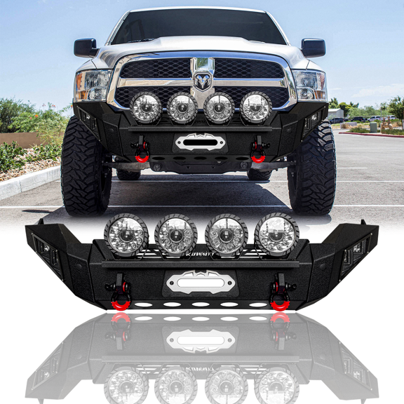 TIOYAR Compatible with 2013-2014-2015-2016-2017-2018 Dodge Ram 1500 (Not fit Rebel model) Steel Front Bumper With Winch Plate&Lights (Black Texture)