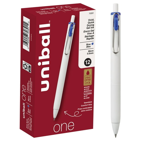 Uni-Ball® One Retractable Gel Pens, Micro Point, 0.5 mm, White Barrel, Blue Ink, Pack Of 12 Pens