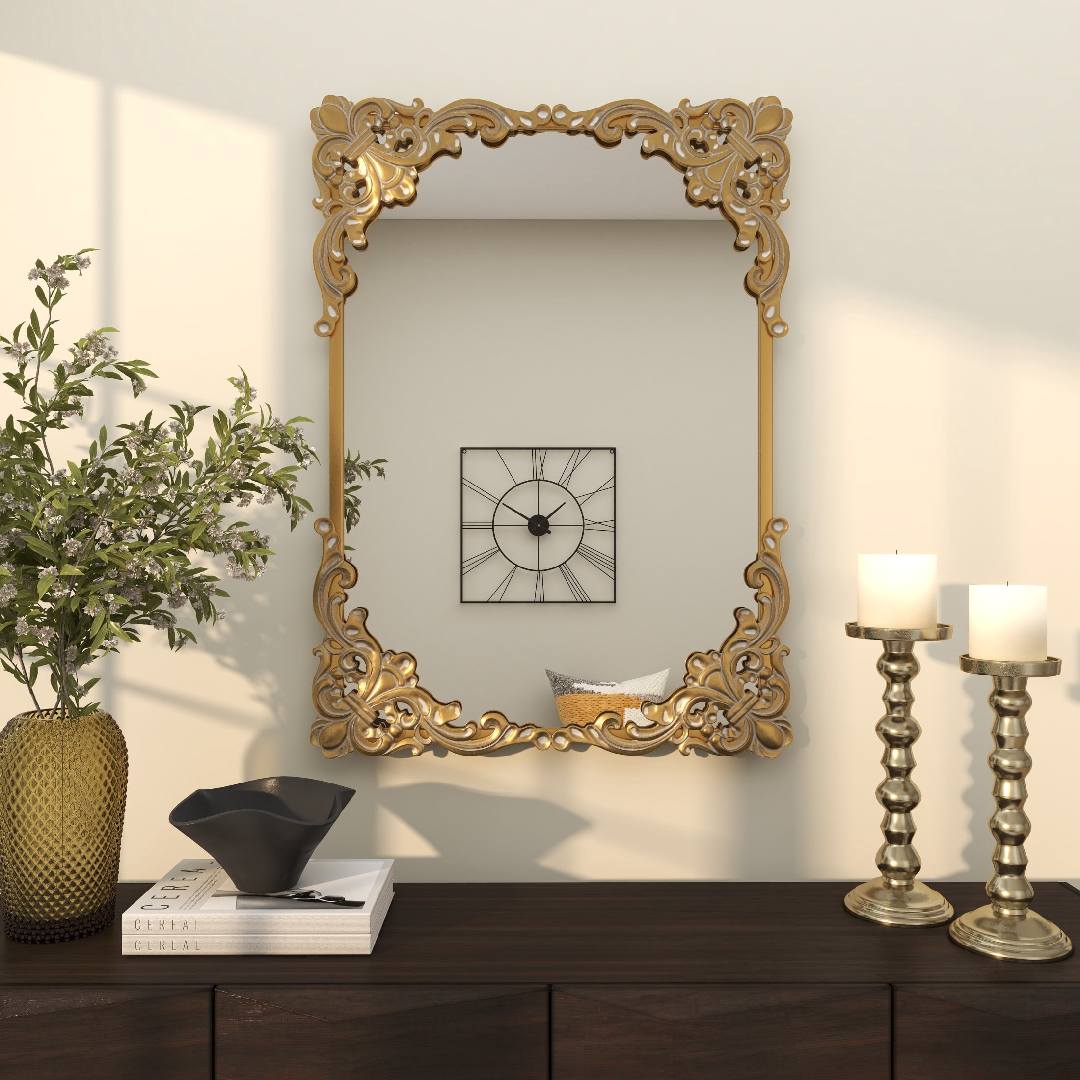 DecMode 30" x 41" Gold Ornate Baroque Floral Wall Mirror with Distressed Details