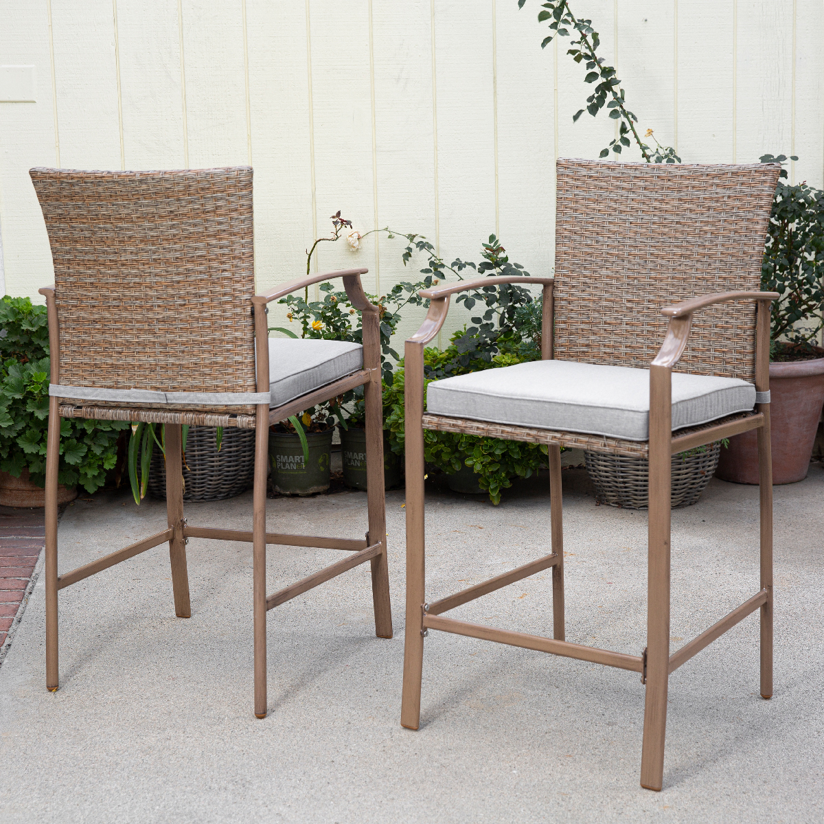 3PCS Outdoor Patio Rattan Wicker Bar Table Stools Dining Set Cushioned Chairs Garden, Beige/Grey - image 5 of 7