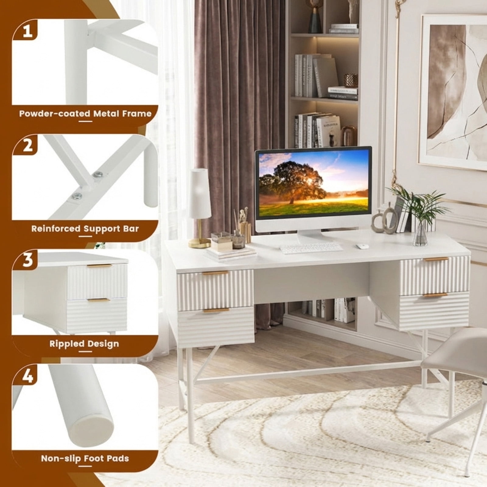 Furnibear 48 Inch Home Office Computer Desk with 4 Storage Drawers Powder-Coated Metal Frame Engineered Wood Top White