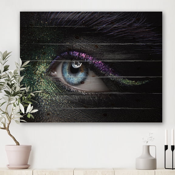 Designart 'Woman Eyes With Green & Purple Pigment & Sparkles' Modern Print on Natural Pine Wood