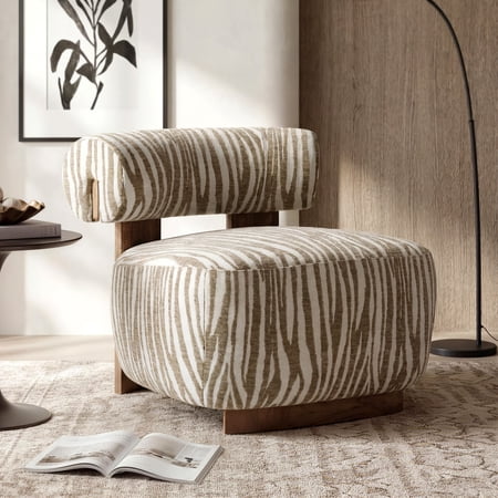 Aukfa Modern Chenille Accent Chair with Zebra-Stripe, Cylindrical Backrest for Living Room, Beige