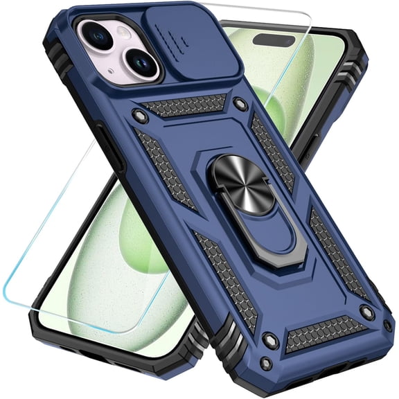Compatible with iPhone 15 Plus Case with HD Screen Protector & Slide Camera Cover & Rotated Ring Kickstand, [Military-Grade] Phone Case for iPhone 15 Plus (Blue)
