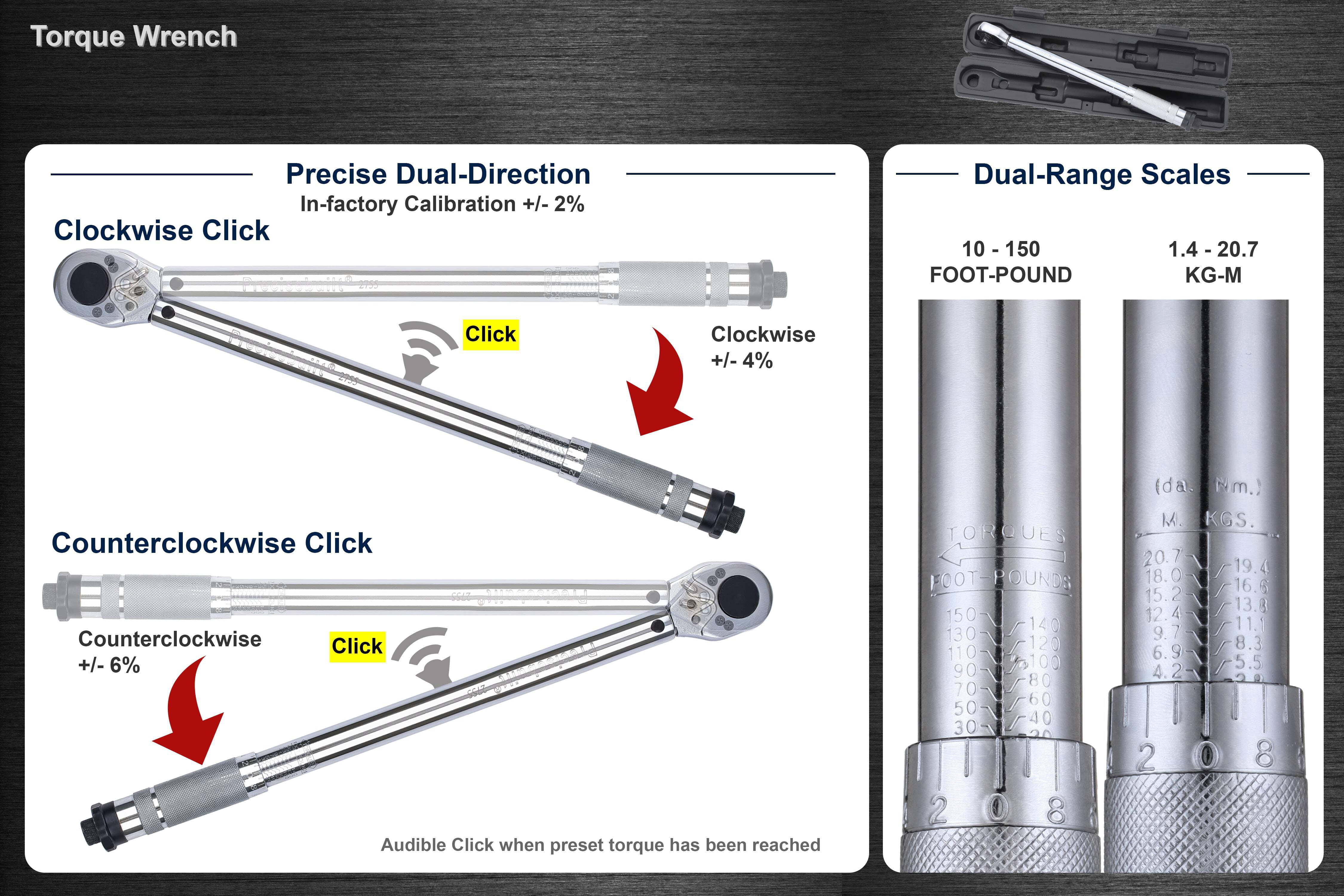 Precisebuilt 1/2 inch, Dual-Direction Click Torque Wrench, 10-150 ft-lb