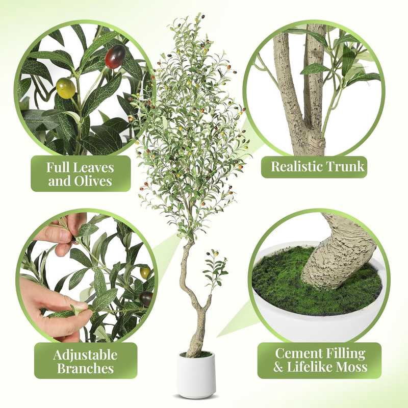 EastVita 7FT（2PCS) Tall Faux Olive Tree， Olive Trees Artificial Indoor with White Planter and Green Fake Moss for Home Office Living Room Bedroom Stairs Foyer Decor