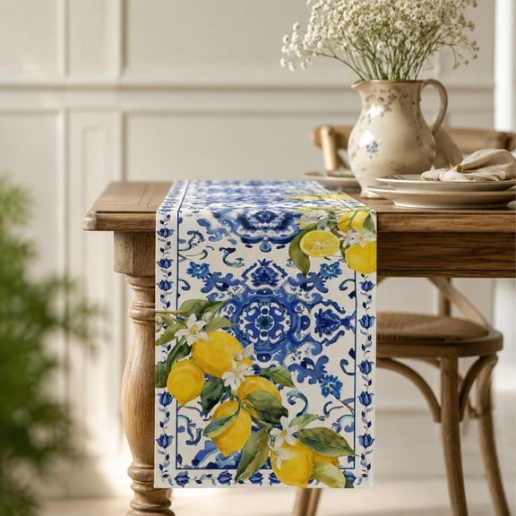 Mediterranean Lemon Print Polyester Table Runner Blue Tile Arrangement Decorative Table Linens For Kitchen Dining And Party