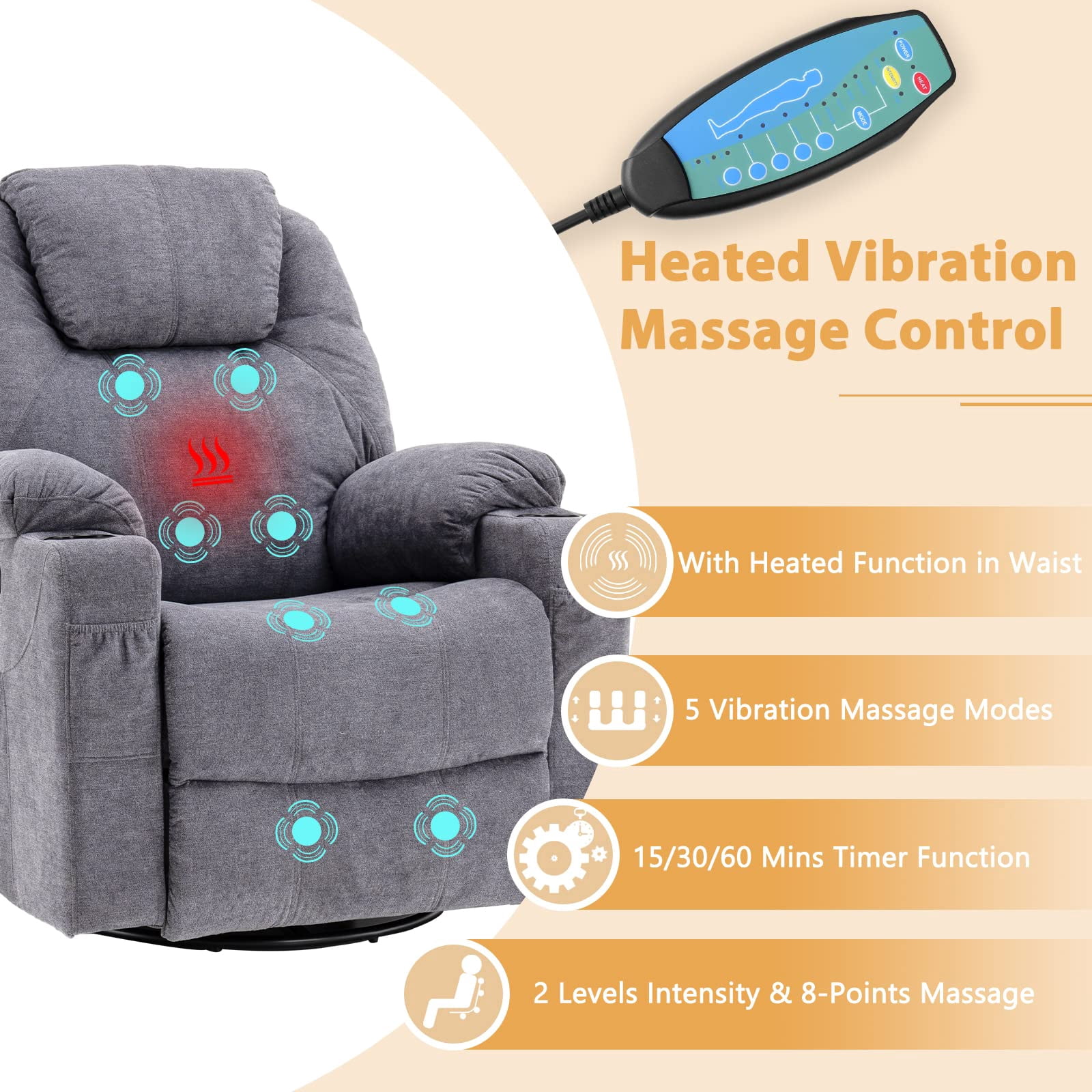 W WARMHOL Swivel Rocker Recliner Chair - Manual Glider Rocking Recliner Chair with Heated Massage Ergonomic Lounge Reclining Chair with Cup Holders/4 Pockets/Remote Control/USB Ports (Gray)