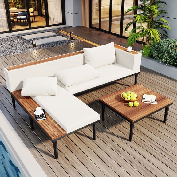 Harper & Bright Designs Outdoor Seating Group with Table, Patio Conversation Sectional Acacia Wood Sofa Set with Waterproof Cushions for Backyard Poolside, Beige