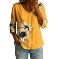 thumbnail image 2 of IUYRTFE Women's Mustard Yellow Sketch Sunflower Partial Print V Neck Button Down Blouse, 3/4 Sleeve Gathered Waist Loose Fit Casual Shirt, 2 of 5