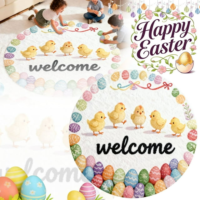 Tapis de Bienvenue en Forme de Lapin de Pâques Rond - Absorbant Durable Non Couvre-Sol pour Usage Intérieur 40cm 60cm 80cm Tapis Rond
