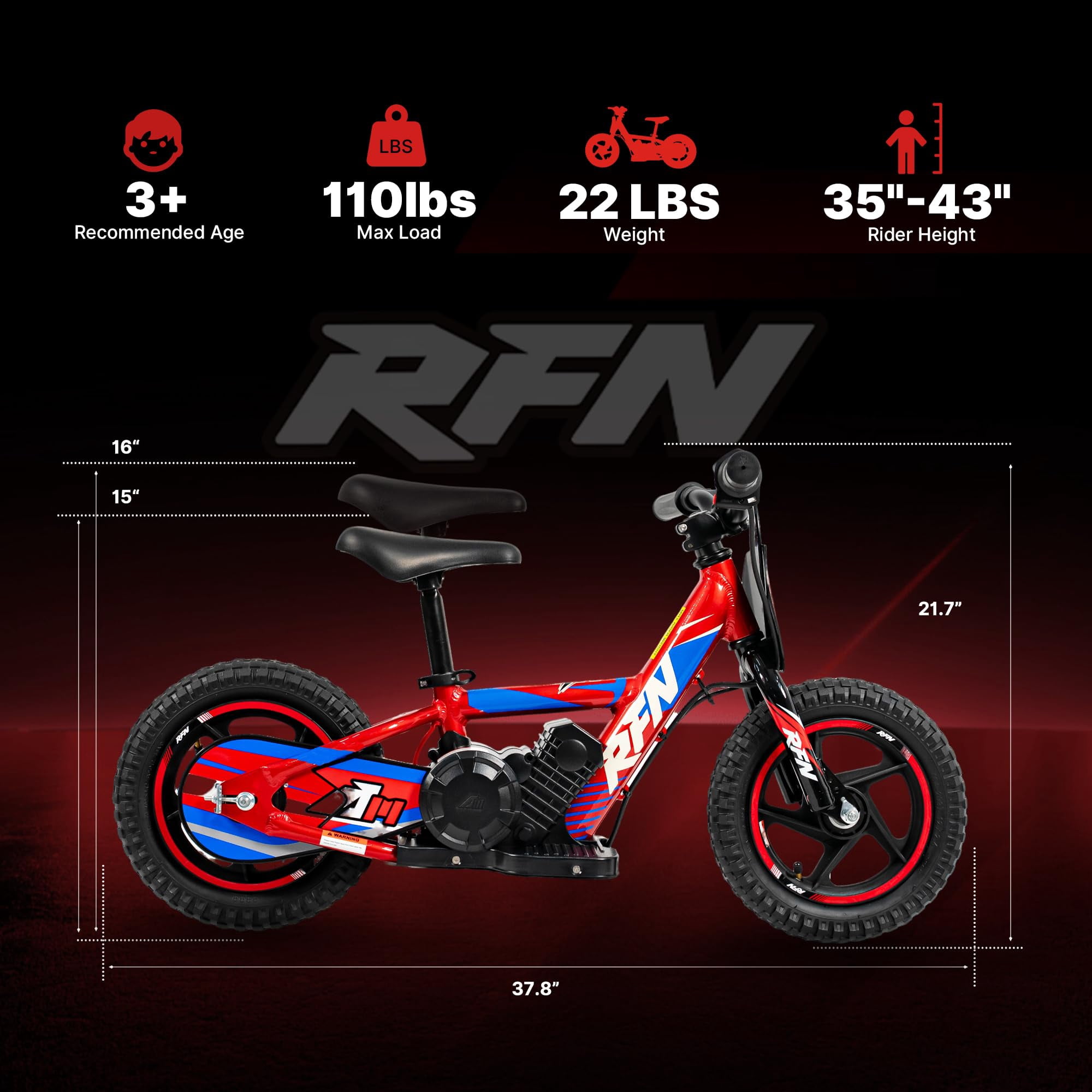 RFN Kids 24V Electric Balance Bike – 170W Motor, 2-Speed Mode, 12" Off Road Electric Dirt Bike, Safe Starter Ebike for Ages 3+